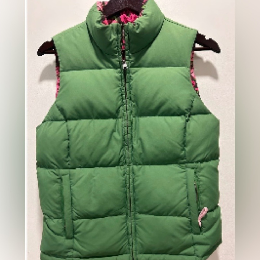 Vintage Lilly Pulitzer Green Puffer Down Reversible Vest with Pink Accents